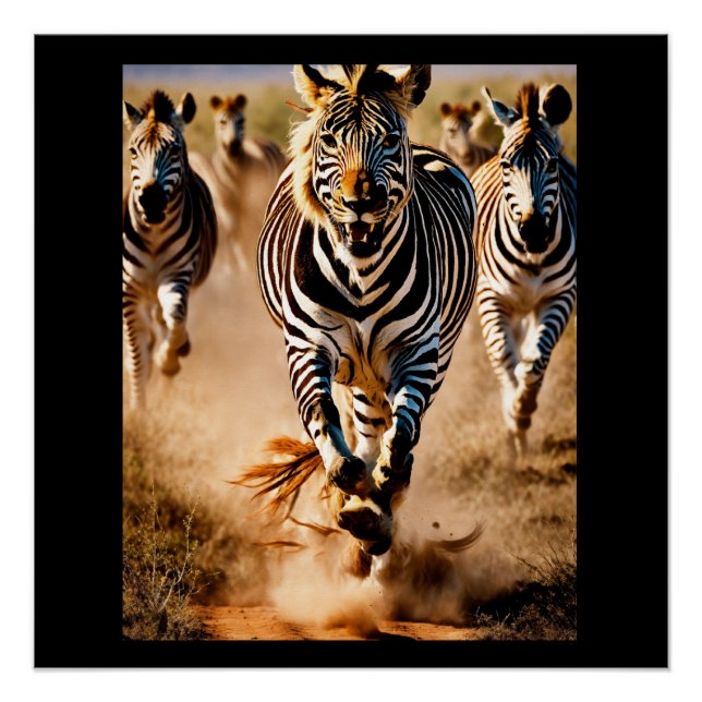 Four Zebras Running Across the Savanna While a  Poster (Front)