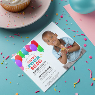 FOURbulous 4th Birthday Balloon Blue Photo Invitation