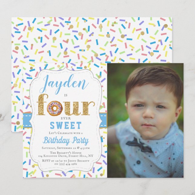 FOURever Sweet Doughnut Boys 4th Birthday Invitati Invitation (Front/Back)