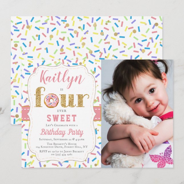 FOURever Sweet Doughnut Girls 4th Birthday Invitat Invitation (Front/Back)