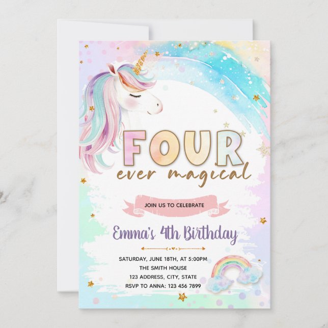 FOURever unicorn magical birthday invitation (Front)