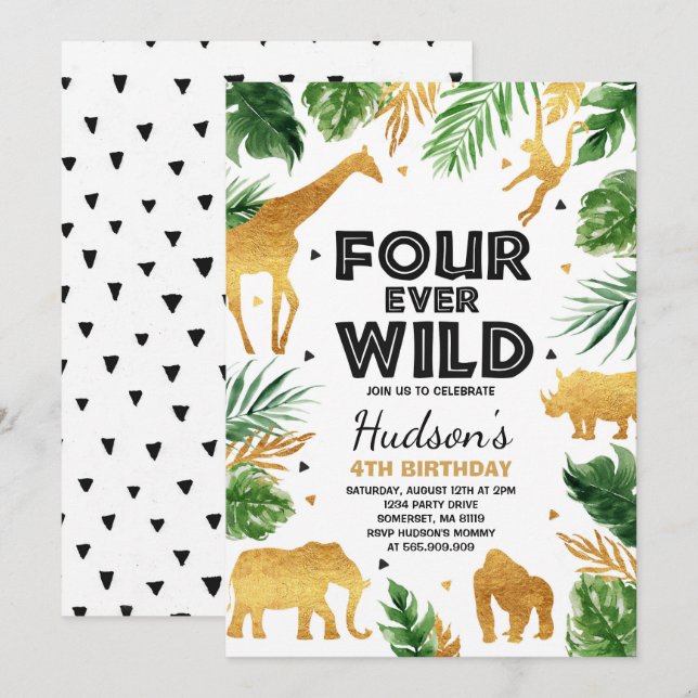 Fourever Wild 4th Birthday Party Safari Animals Invitation (Front/Back)