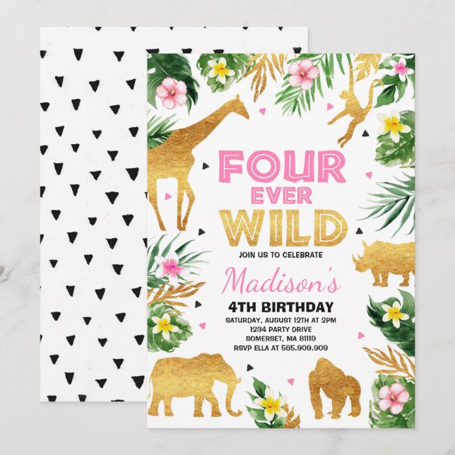 Fourever Wild 4th Birthday Party Safari Animals Invitation (Front/Back)