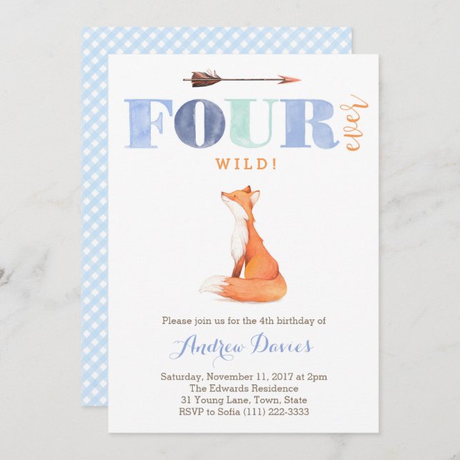 FOURever wild fox 4th birthday invitations for boy (Front/Back)