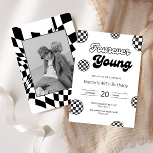 FOURever Young Black Retro Boys 4th Birthday Invitation