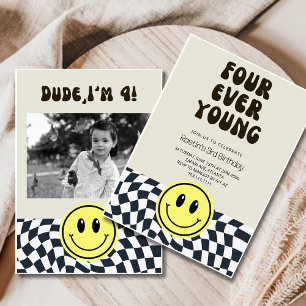 FOURever Young Retro Boys 4th Birthday Invitation