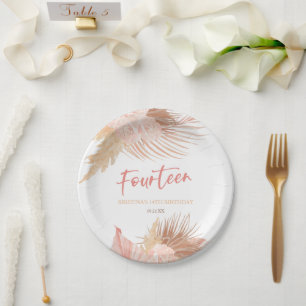 Fourteen Boho Pink Floral 14th Birthday Party Paper Plate