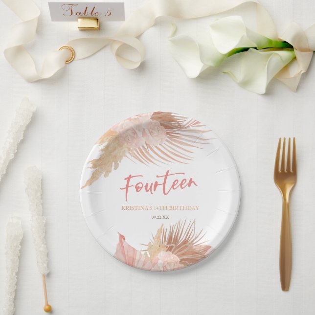 Fourteen Boho Pink Floral 14th Birthday Party Paper Plate (Wedding)