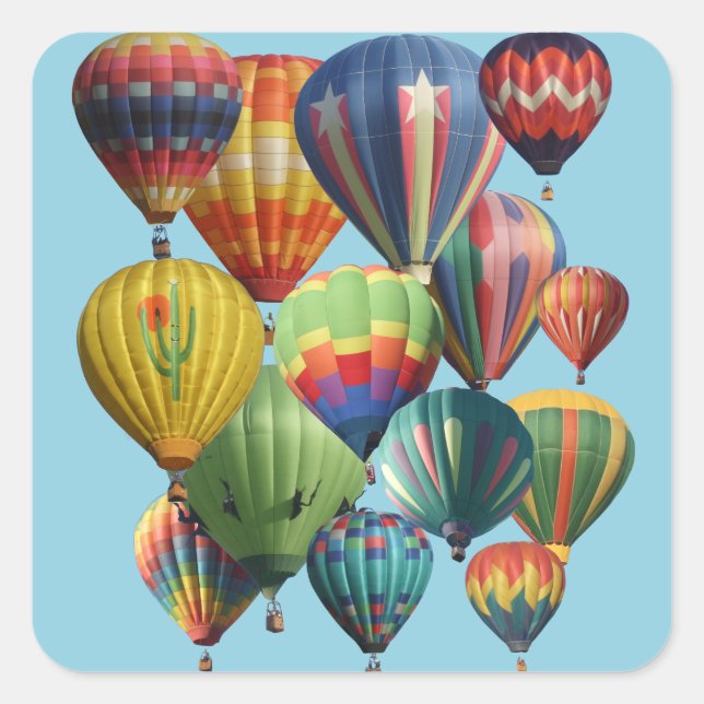 Fourteen Hot Air Balloons Crowd on Light Blue Square Sticker (Front)