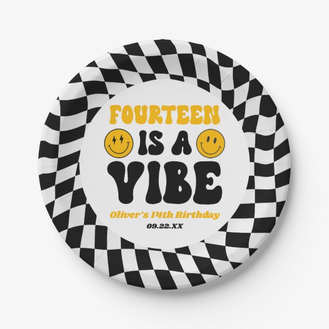 Fourteen Is A Vibe Retro 14th Birthday Party Paper Plate (Front)