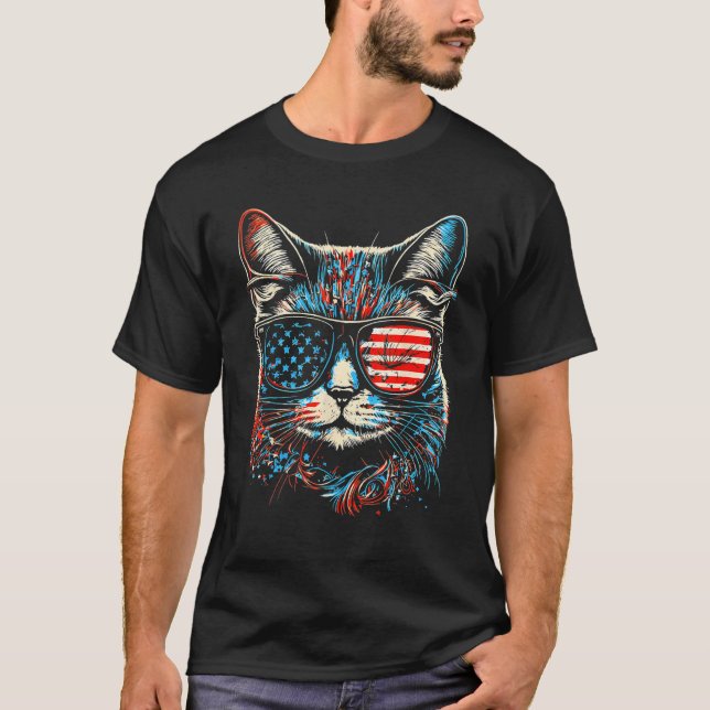Fourth 4th of July Cat American Flag America Patri T-Shirt (Front)