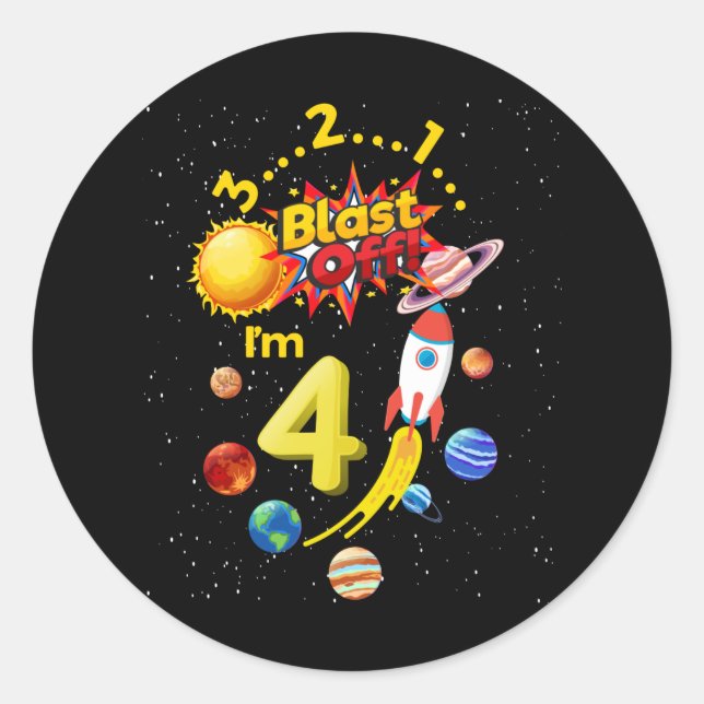 Fourth Birthday Blast Off 4 Astronaut Rocket Classic Round Sticker (Front)