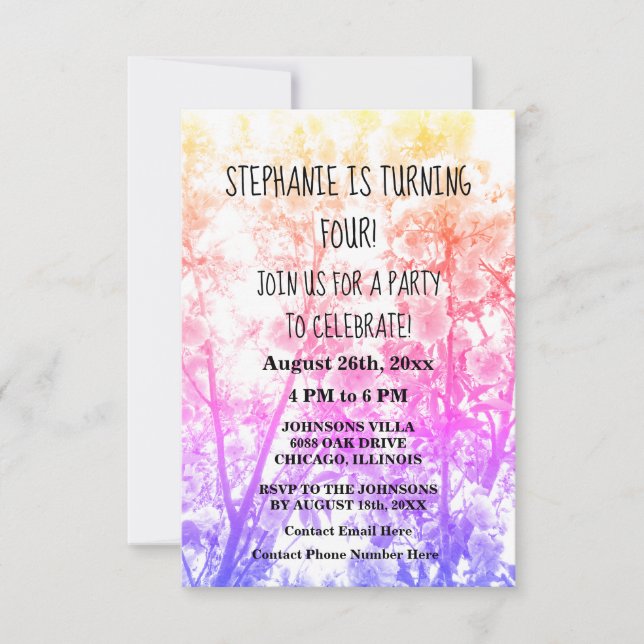Fourth Birthday Party Custom Name Pink Floral Cute Invitation (Front)