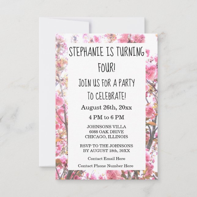 Fourth Birthday Party Pink Cherry Blossom Floral Invitation (Front)