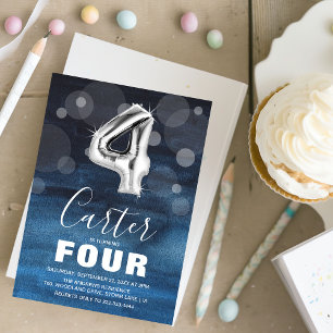Fourth Birthday Silver Balloon   Blue Party Invitation