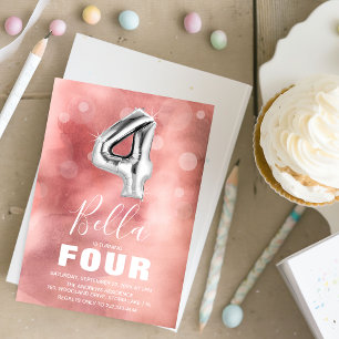 Fourth Birthday Silver Balloon   Pink Party Invitation