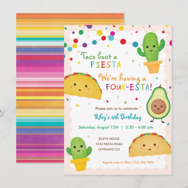 Fourth Birthday Taco theme invitation - four-esta (Front/Back)