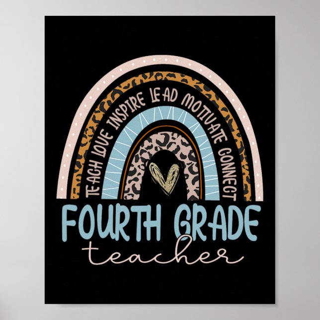 Fourth Grade Teacher Leopard Boho Rainbow Back To  Poster (Front)