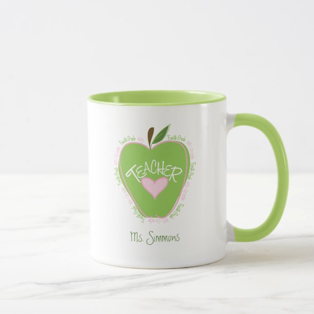 Fourth Grade Teacher Pink and Green Apple Mug (Right)