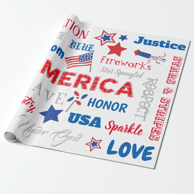 Fourth of July America USA Words Personalised Text Wrapping Paper (Unrolled)