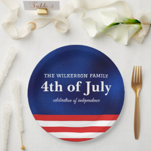 Fourth of July American Flag on Blue Foil Paper Plate