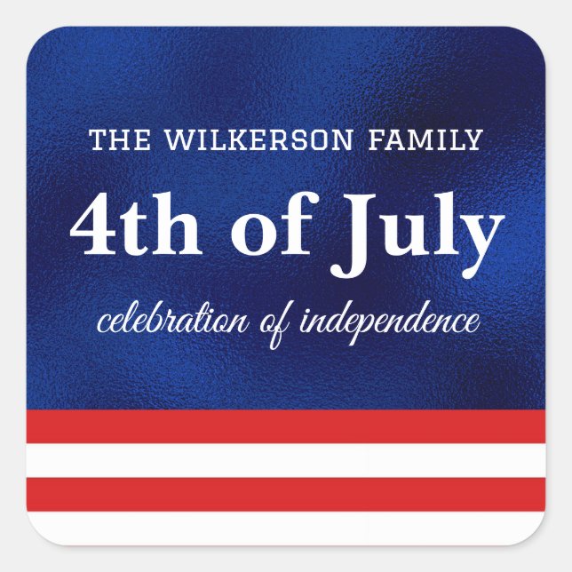 Fourth of July American Flag on Blue Foil Square Sticker (Front)