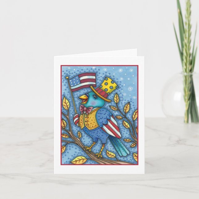 FOURTH OF JULY BLUEBIRD TWEET, AMERICAN FLAG Blank Holiday Card (Front)