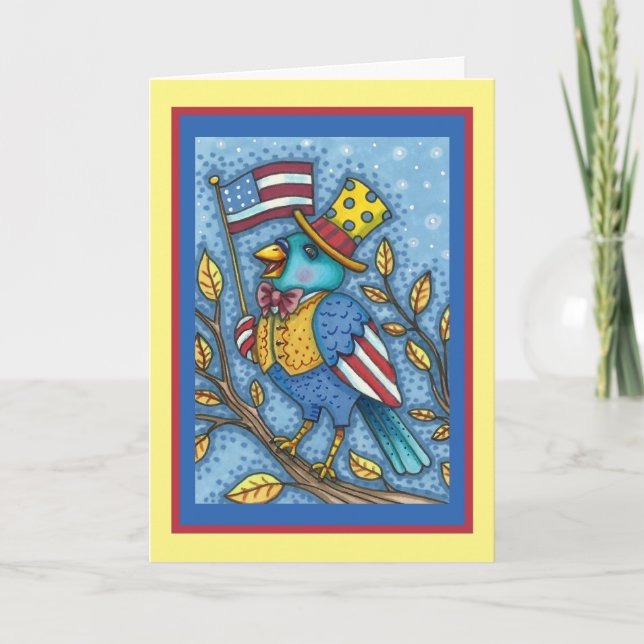 FOURTH OF JULY BLUEBIRD TWEET, AMERICAN FLAG Cute Holiday Card (Front)
