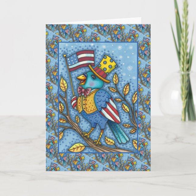 FOURTH OF JULY BLUEBIRD TWEET, AMERICAN FLAG Cute Holiday Card (Front)