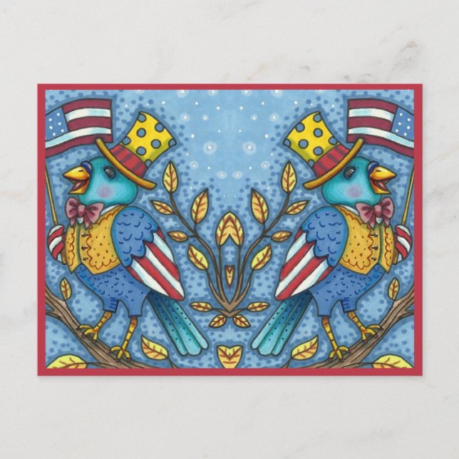 FOURTH OF JULY BLUEBIRD TWEET, AMERICAN FLAG Cute Holiday Postcard (Front)