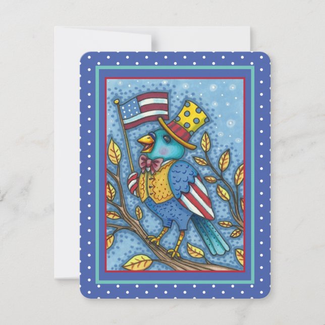 FOURTH OF JULY BLUEBIRD TWEET, AMERICAN FLAG Flat Holiday Card (Front)