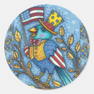 FOURTH OF JULY BLUEBIRD TWEET, AMERICAN FLAG USA CLASSIC ROUND STICKER