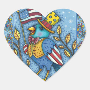 FOURTH OF JULY BLUEBIRD TWEET, AMERICAN FLAG USA HEART STICKER