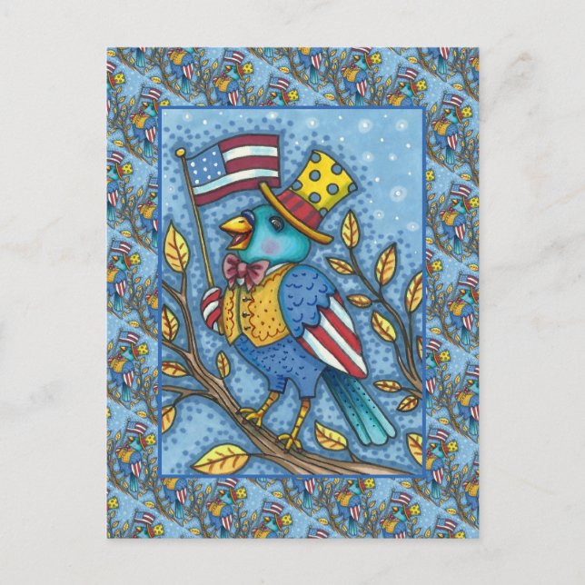 FOURTH OF JULY BLUEBIRD TWEET, AMERICAN FLAG USA HOLIDAY POSTCARD (Front)