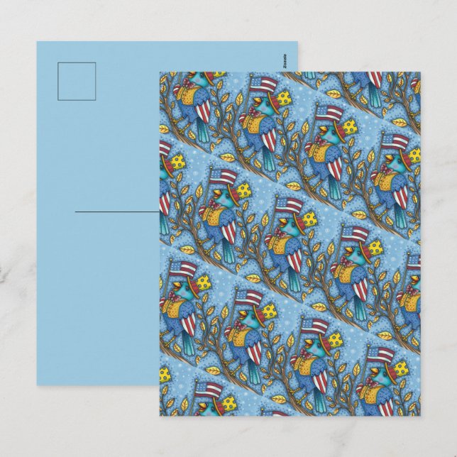 FOURTH OF JULY BLUEBIRD TWEET, AMERICAN FLAG USA HOLIDAY POSTCARD (Front/Back)