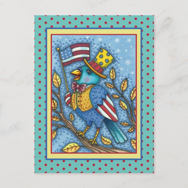 FOURTH OF JULY BLUEBIRD TWEET, AMERICAN FLAG USA HOLIDAY POSTCARD (Front)