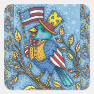 FOURTH OF JULY BLUEBIRD TWEET, AMERICAN FLAG USA SQUARE STICKER