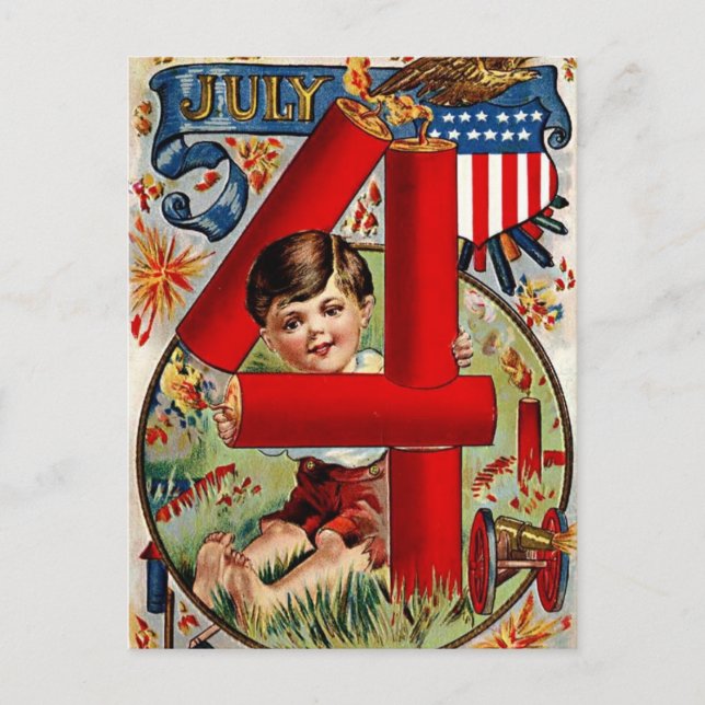 Fourth of July Boy with Fireworks Postcard (Front)