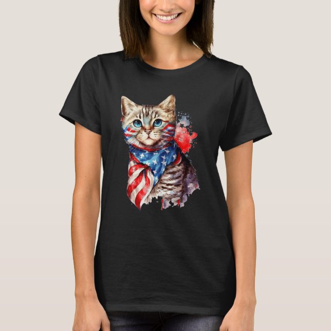 Fourth of July Cat American Flag America Patriotic T-Shirt (Front)