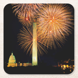 Fourth of July, Firework Display, Skyline Square Paper Coaster