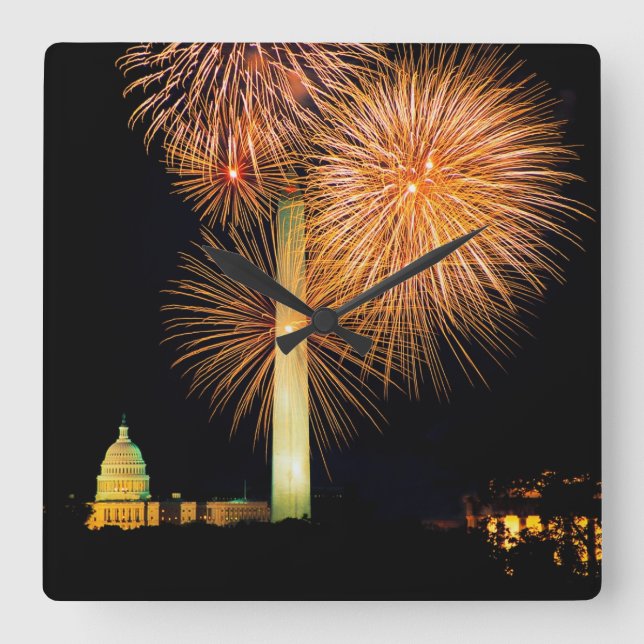Fourth of July, Firework Display, Skyline Square Wall Clock (Front)