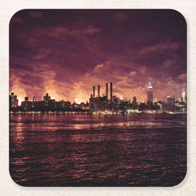 Fourth of July Fireworks behind Manhattan Square Paper Coaster (Front)
