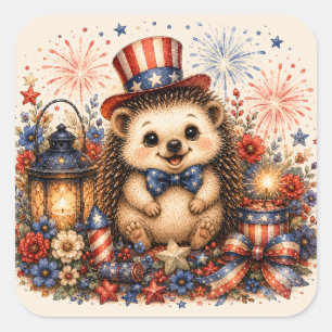 Fourth of July Fireworks Hedgehog Watercolor Art Square Sticker
