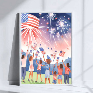 Fourth of July Fireworks   Watercolor USA Flag Poster