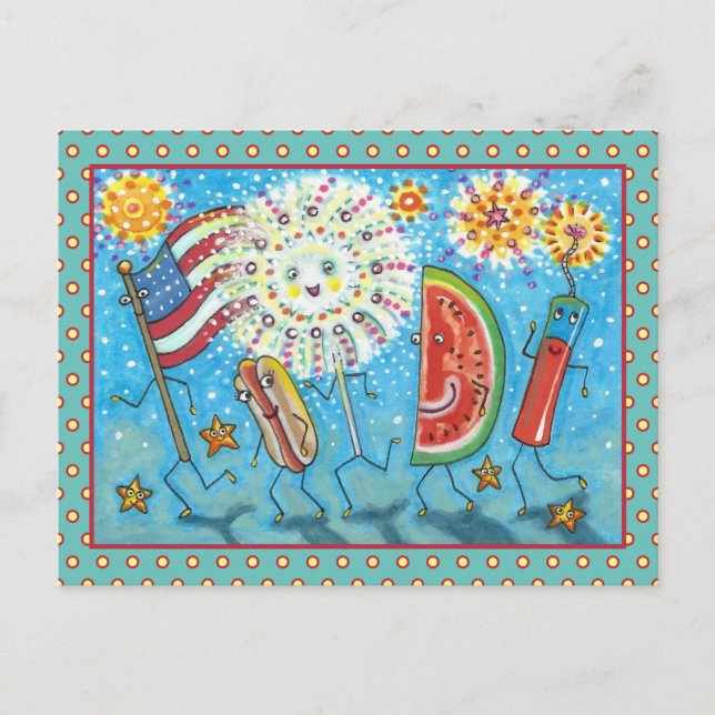 FOURTH OF JULY GANG, PARADE & FIREWORKS HOLIDAY POSTCARD (Front)
