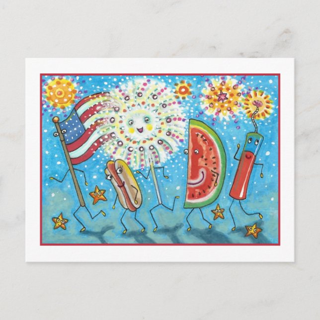 FOURTH OF JULY GANG, PARADE & FIREWORKS HOLIDAY POSTCARD (Front)