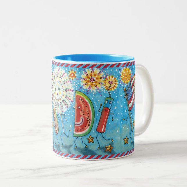 FOURTH OF JULY GANG, PARADE & FIREWORKS HOLIDAY Two-Tone COFFEE MUG (Front Right)