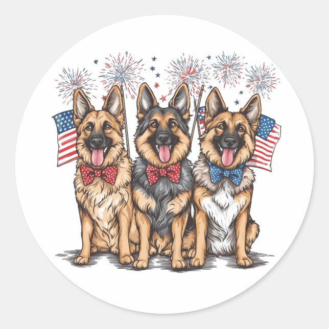 Fourth Of July German Shepherd Dogs Classic Round Sticker (Front)