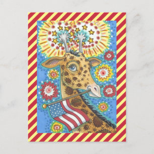 FOURTH OF JULY GIRAFFE AND FIRWORKS POSTCARD