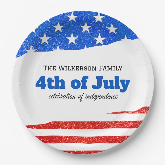 Fourth of July Glitter American Flag Paper Plate (Front)